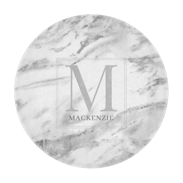 Elegant Marble Silver Foil Metallic Monogram Cutting Board (Front)