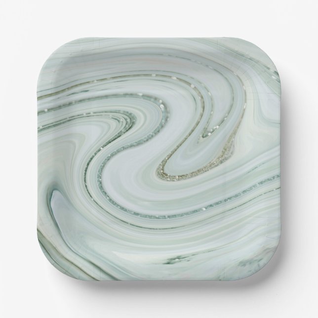 Elegant Marble Silver Glitter Swirl Pattern Paper Plates (Front)