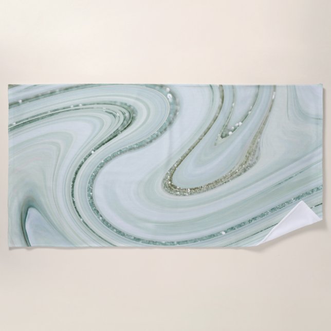 Elegant Marble Swirl Silver Glitter Sparkle Glam Beach Towel (Front)