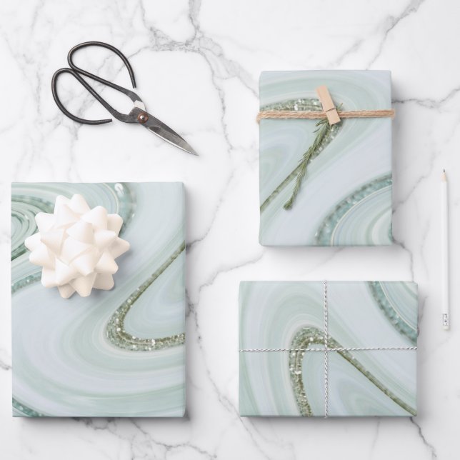 Elegant Marble Swirl Silver Glitter Sparkle Glam Wrapping Paper Sheets (Front)