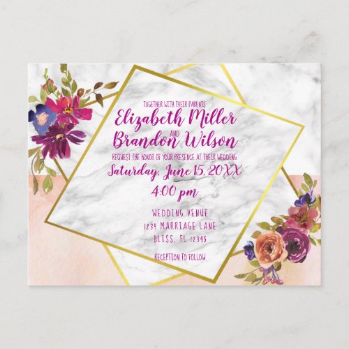 Elegant Marble Watercolor Floral Gold Wedding Postcard