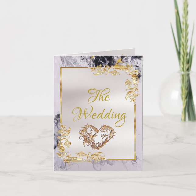 Elegant Marble, White, Gold Frame, Gold Heart Announcement (Front)