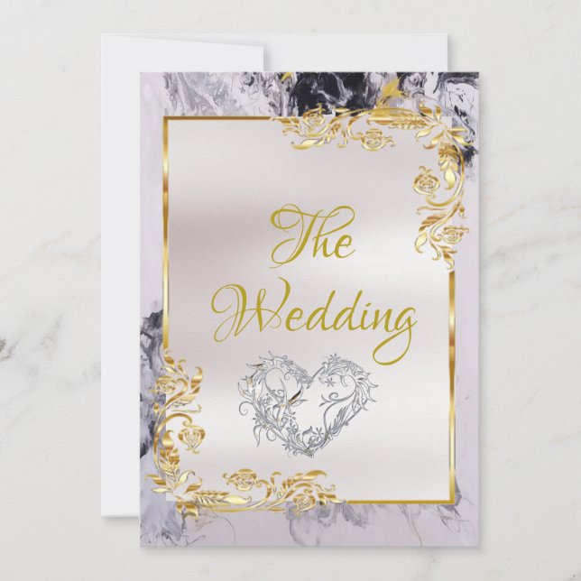 Elegant Marble, White, Gold Frame, Silver Heart Invitation (Front)
