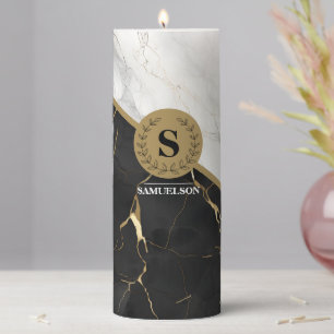 Elegant Marbleized Personalized Gold Accents Pillar Candle