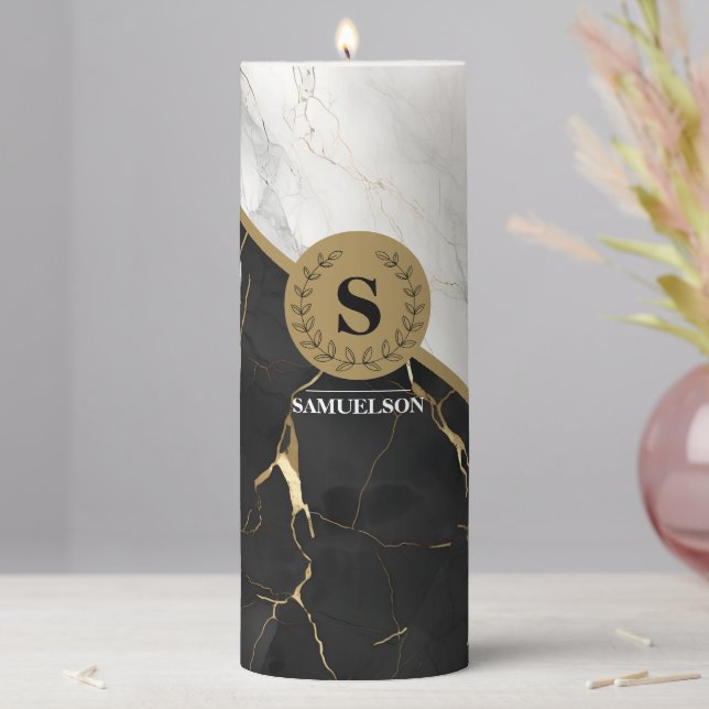 Elegant Marbleized Personalized Gold Accents Pillar Candle (In Situ)