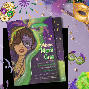 Elegant Mardi Gras Masquerade Hand-drawn Portrait Invitation