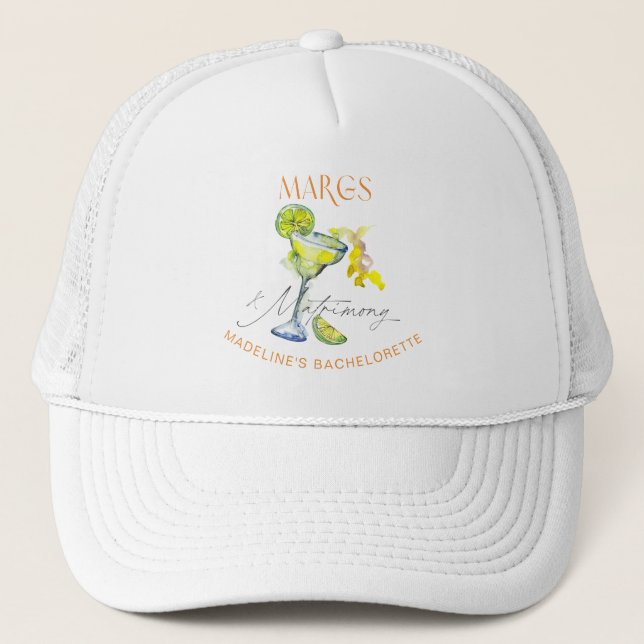 Elegant Margs & Matrimony Bachelorette Weekend Trucker Hat (Front)