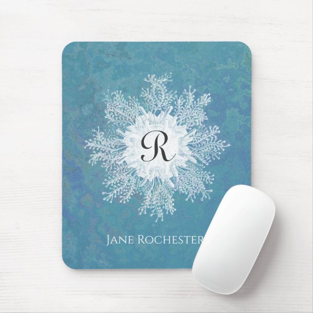 Elegant Marine Coral Blue Green Coral Monogram Mouse Pad (With Mouse)