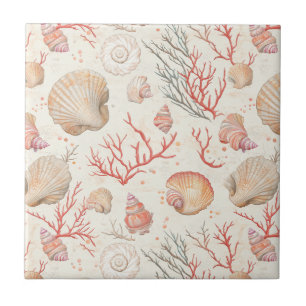 Elegant Marine Shells & Coral Branch Ceramic Tile