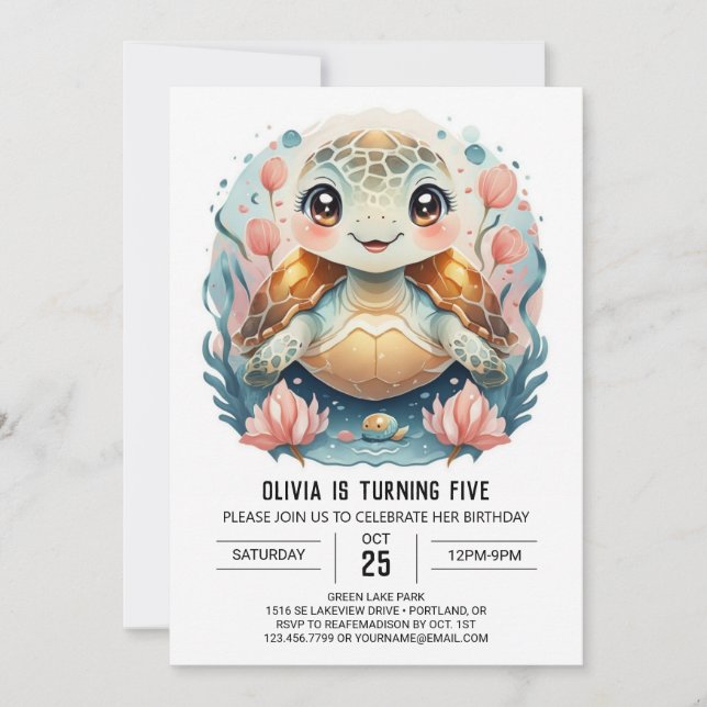  Elegant Marine Turtle Girl Birthday Invitation (Front)