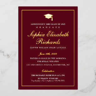 Elegant Maroon and Gold 3 Photo Graduation  Foil Invitation