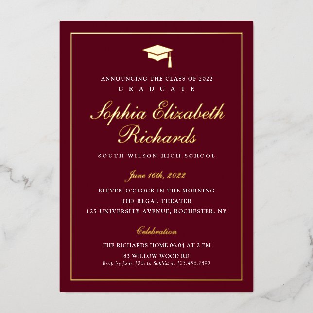 Elegant Maroon and Gold 3 Photo Graduation  Foil Invitation (Front)