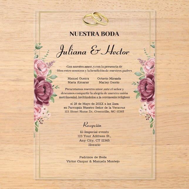 Elegant Maroon and Gold Floral Wedding Acrylic Invitations (Front)