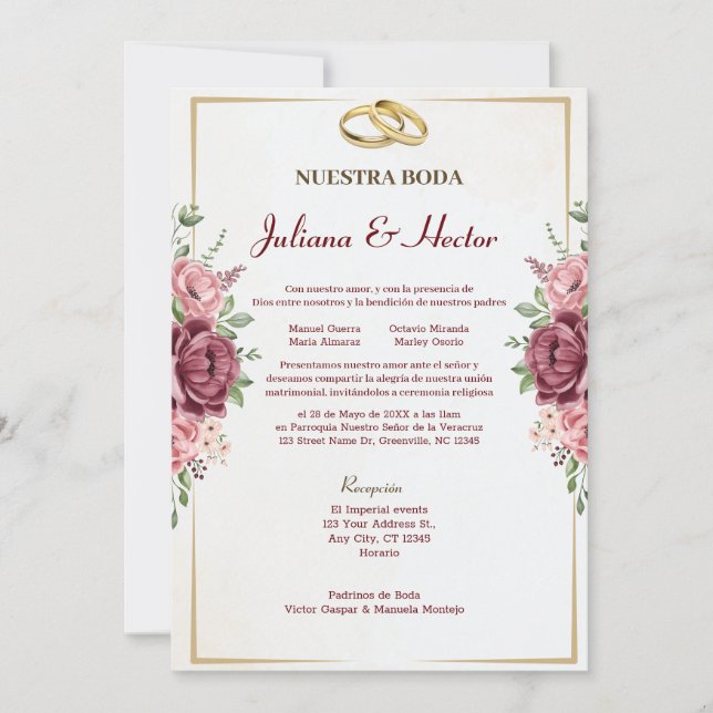 Elegant Maroon and Gold Floral Wedding Invitation (Front)