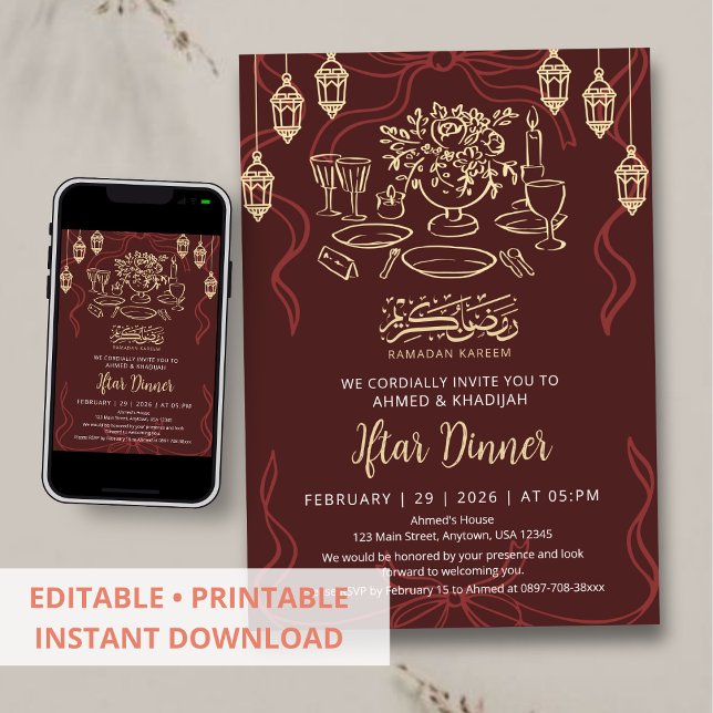 Elegant Maroon and Gold Ramadan Iftar Dinner Invitation (Creator Uploaded)