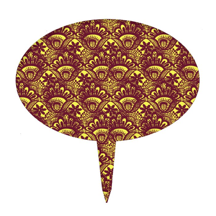 Elegant Maroon and Yellow Lace Damask Pattern Cake Toppers