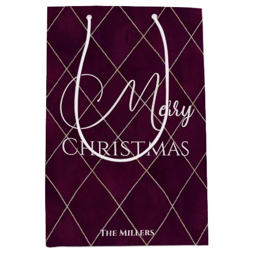 Elegant Maroon Argyle Pattern Merry Christmas Medium Gift Bag