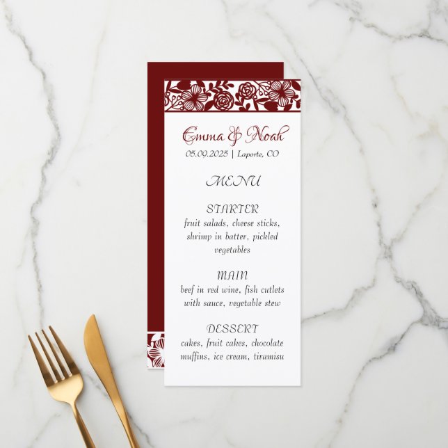 Elegant Maroon-Burgundy Wedding Dinner Menu Card (Front/Back In Situ)
