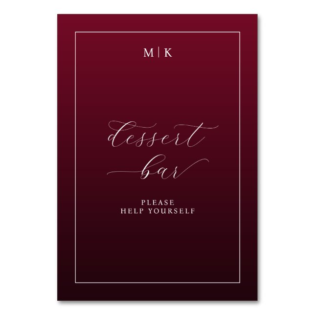 Elegant Maroon Cursive Dessert Bar Sign Table Number (Front)