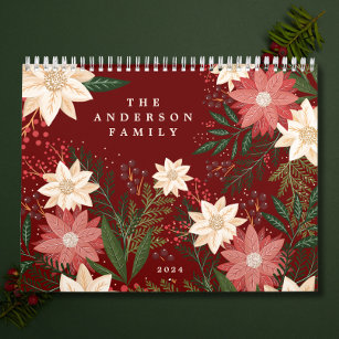 Elegant Maroon Family Name Poinsettia Christmas Calendar