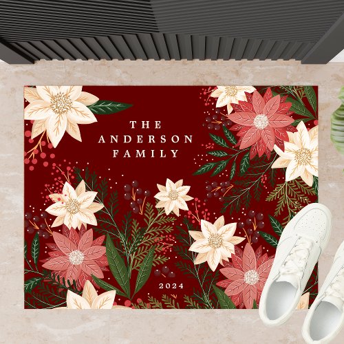 Elegant Maroon Family Name Poinsettia Christmas Doormat