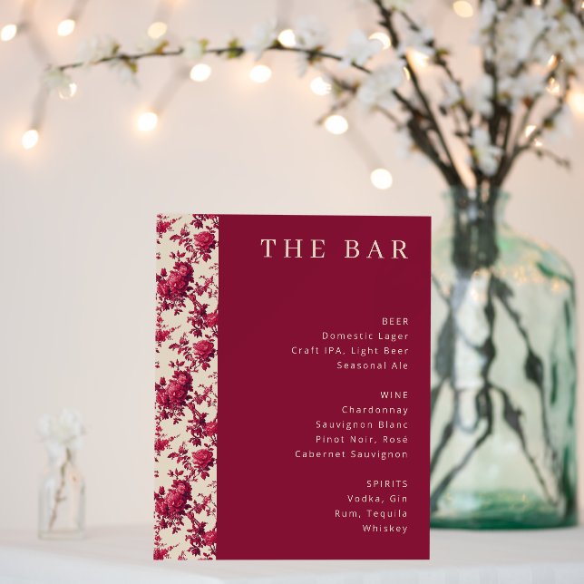 Elegant Maroon Floral Bar Menu Foam Board (In Situ (Wedding))