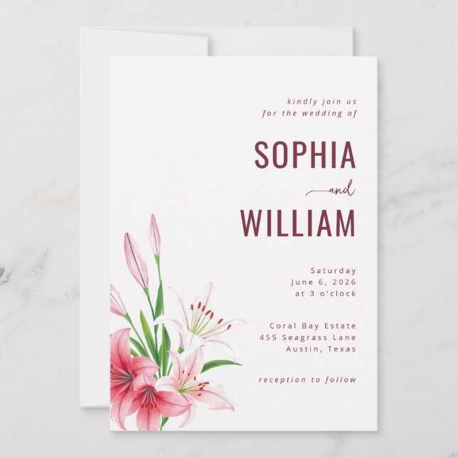 Elegant Maroon Floral Lilies Invitation (Front)