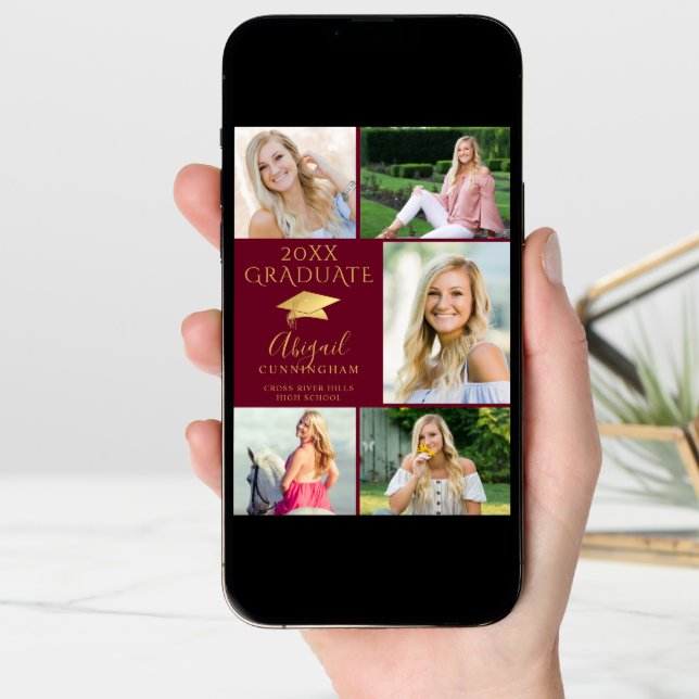 Elegant Maroon Gold 6 Photo Collage Graduate Announcement (Front Digital)