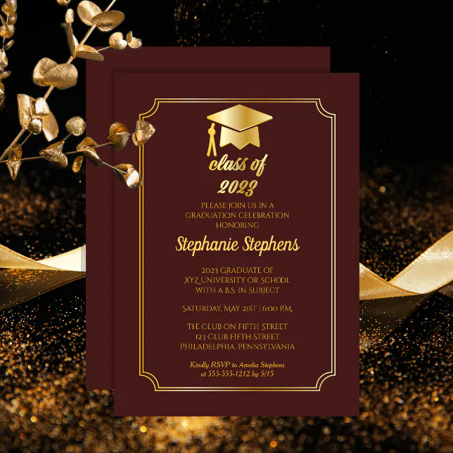 Elegant Maroon | Gold Cap College Graduation Party Invitation | Zazzle