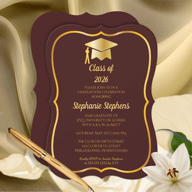 Elegant Maroon | Gold Cap Graduation Party Invitation (Elegant Maroon and Gold Tone Grad Cap Graduation Party Invitation - Print | Digital Download)