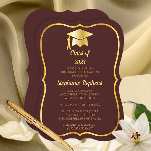 Elegant Maroon  Gold Cap Graduation Party Invitation