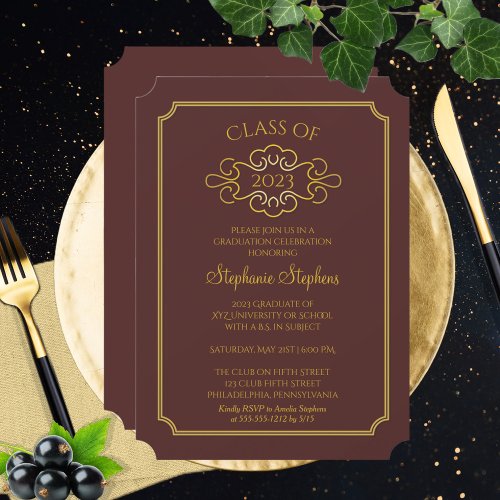 Elegant Maroon  Gold College Graduation Party Invitation