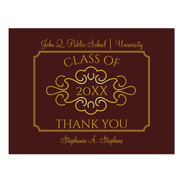 Elegant Maroon | Gold College Graduation Thank You Postcard