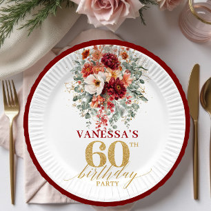 Elegant Maroon Gold Floral 60th Birthday Paper Pla Plates
