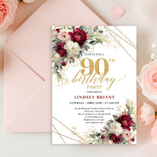 Elegant Maroon Gold Floral 90th Birthday Invite