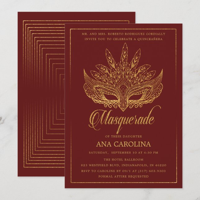 Elegant Maroon Gold Glitter Masquerade Quinceañera Invitation (Front/Back)