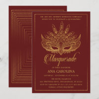Elegant Maroon Gold Glitter Masquerade Quinceañera