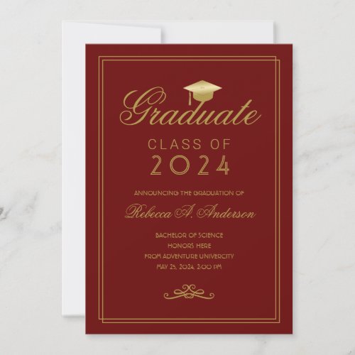 Elegant Maroon Gold Grad Cap College Graduation  Announcement