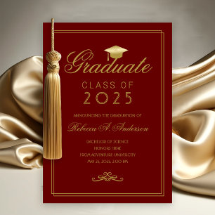 Elegant Maroon Gold Grad Cap College Graduation  Announcement