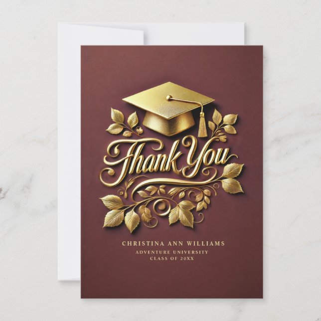 Elegant Maroon Gold Grad Cap Leaf Graduation Thank You Card (Front)