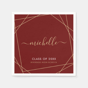 Elegant Maroon Gold Graduation Name Geometric Napkins