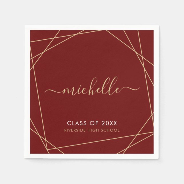 Elegant Maroon Gold Graduation Name Geometric Napkins (Front)