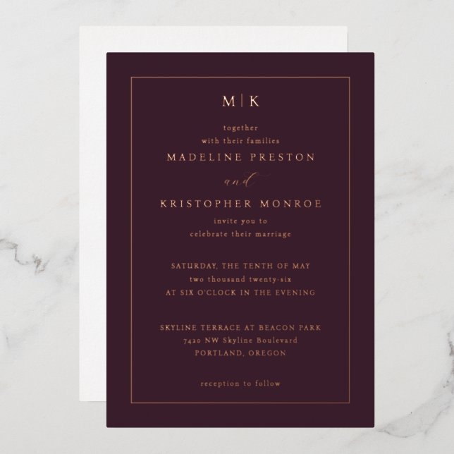 Elegant Maroon Gold Initials Foil Invitation (Front/Back)