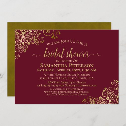 Elegant Maroon  Gold Lace Frills Bridal Shower Invitation
