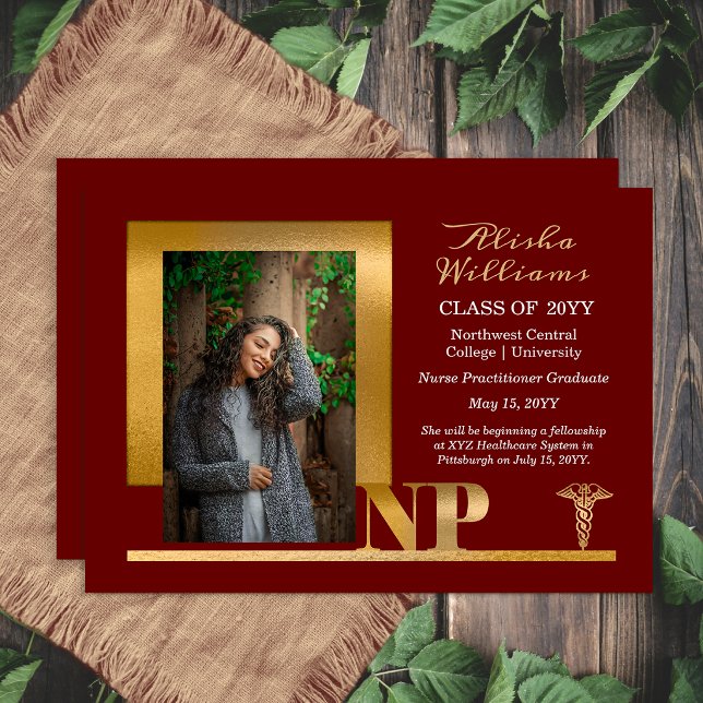 Elegant Maroon Gold NP Nurse Practitioner Announcement (Elegant maroon and gold NP graduation announcement with modern photo layout)