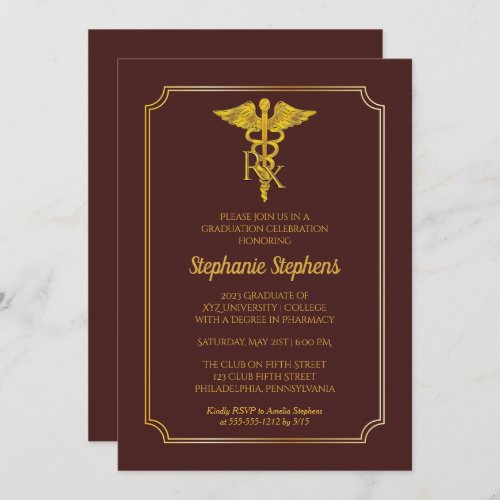 Elegant Maroon  Gold Rx Pharmacy Graduation Party Invitation