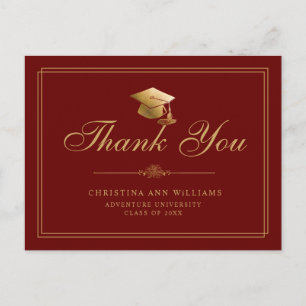Elegant Maroon Gold Script Graduation Thank You Postcard