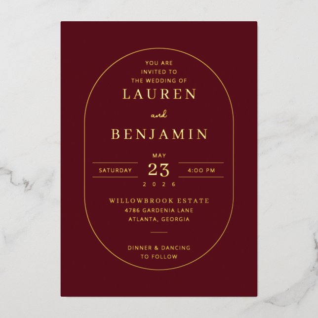 Elegant Maroon Gold Wedding Invitation Foil Invitation (Front)