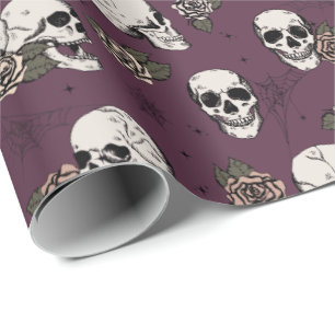 Elegant Maroon Gothic Skulls & Roses Halloween Wrapping Paper