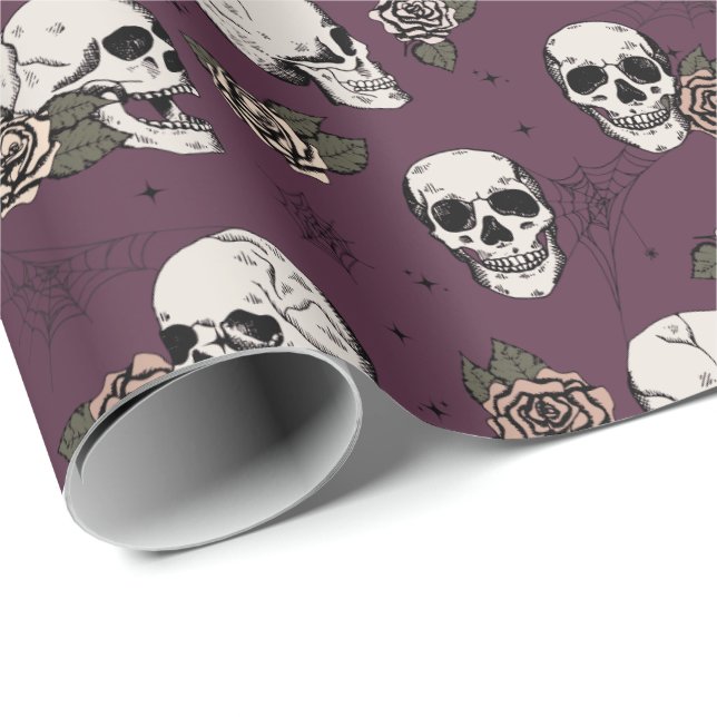 Elegant Maroon Gothic Skulls & Roses Halloween Wrapping Paper (Roll Corner)
